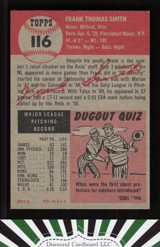 1953 Topps #116 Frank Smith : Bio uses white text EXMT i, back