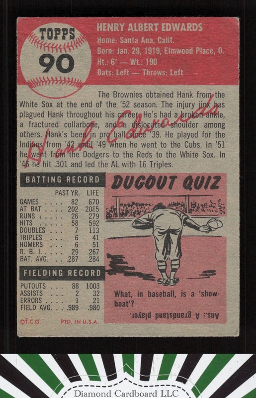 1953 Topps #90 Hank Edwards : Bio uses white text VGEX d, back