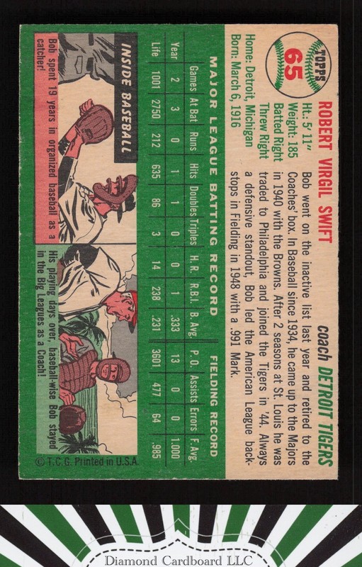 1954 Topps #65 Bob Swift VG d, back