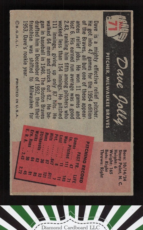 1955 Bowman #71 Dave Jolly VGEX, back