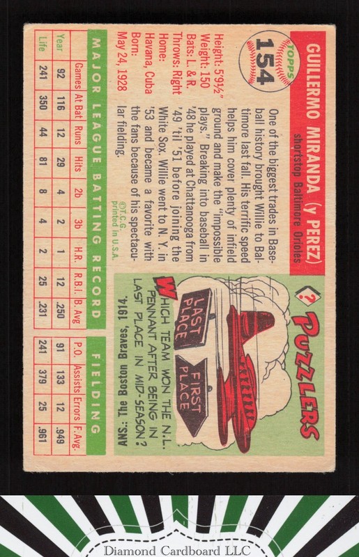 1955 Topps #154 Willie Miranda VGEX c, back