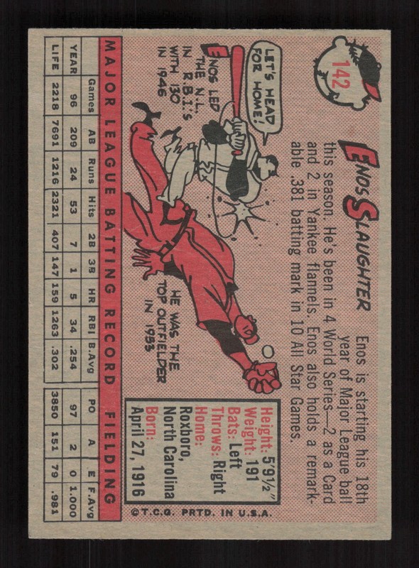 1958 Topps #142 Enos Slaughter EX+ j, back
