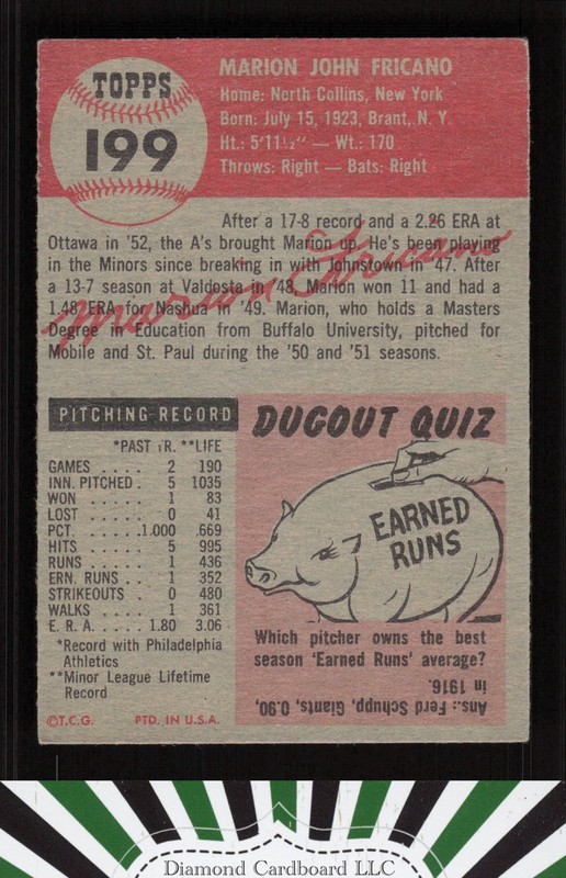 1953 Topps #199 Marion Fricano VGEX+ d, back