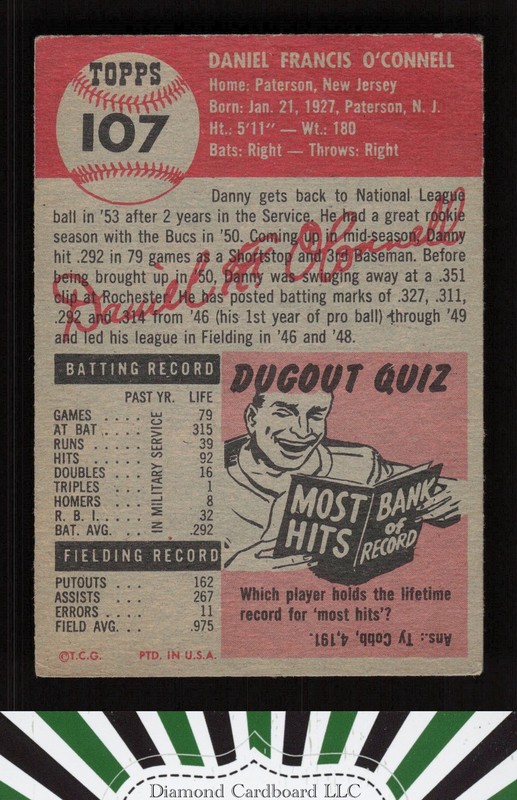 1953 Topps #107 Danny O'Connell : Bio uses white text GD [CENTERED] b, back