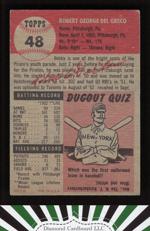 1953 Topps #48 Bob Del Greco FR a, back