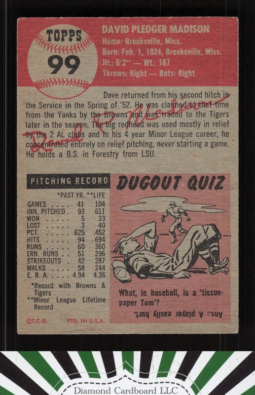 1953 Topps #99 Dave Madison : Bio uses white text VG e, back