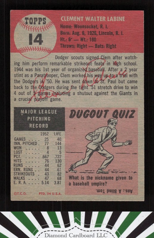 1953 Topps #14 Clem Labine EX i, back