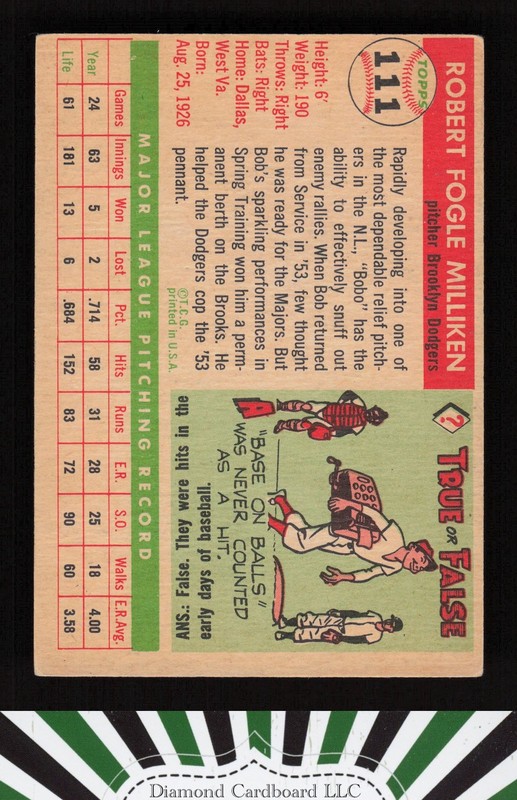 1955 Topps #111 Bob Milliken VGEX+ d, back
