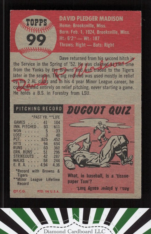 1953 Topps #99 Dave Madison : Bio uses white text EX h, back