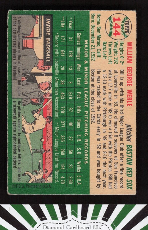 1954 Topps #144 Bill Werle VG [CENTERED] a, back