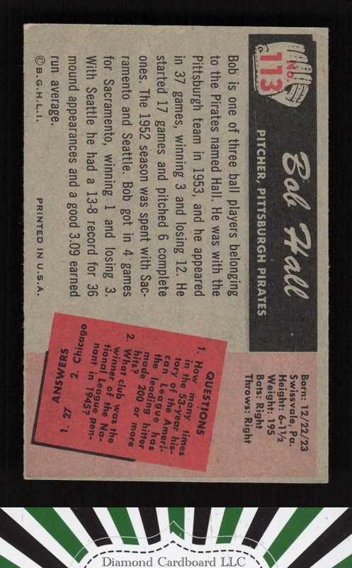 1955 Bowman #113 Bob Hall EX, back