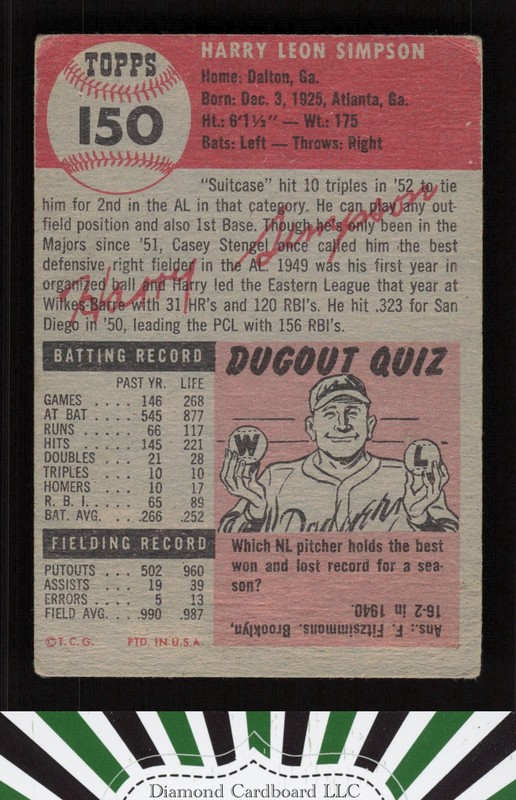 1953 Topps #150 Harry Simpson : Bio uses black text FR a, back