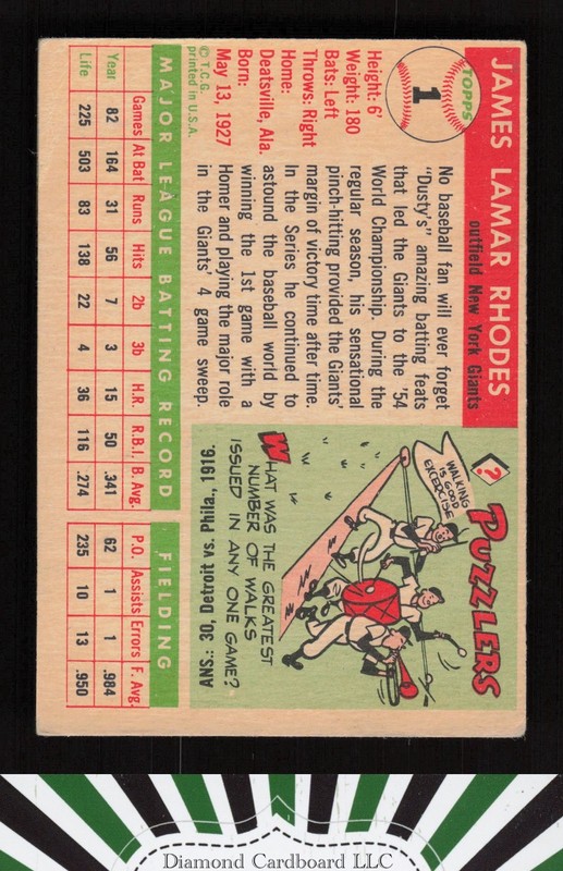 1955 Topps #1 Dusty Rhodes VG g, back