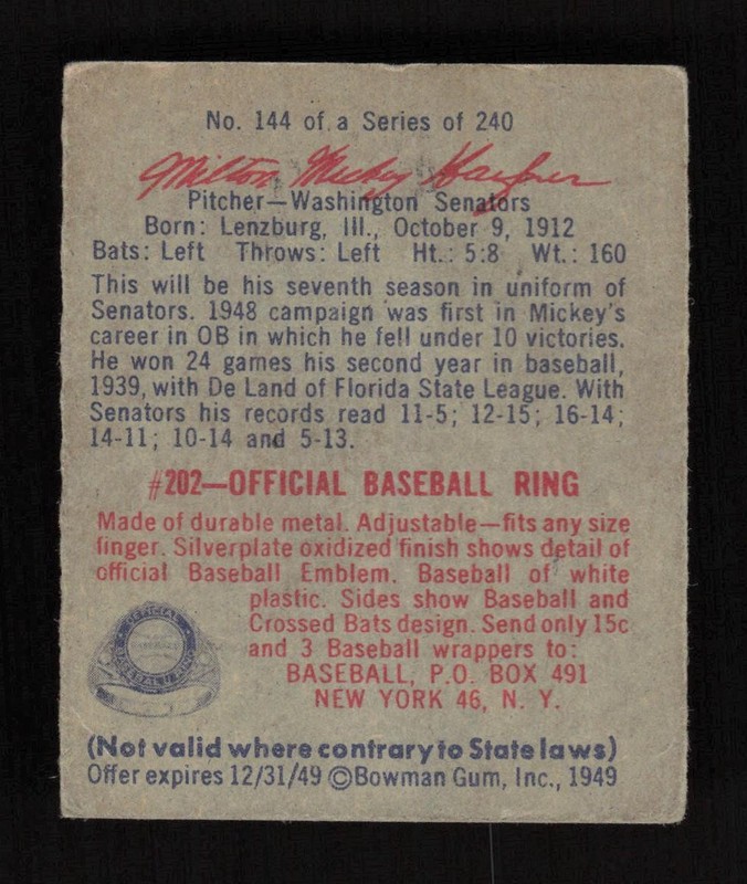 1949 Bowman #144 Milton "Mickey" Haefner VGEX, back