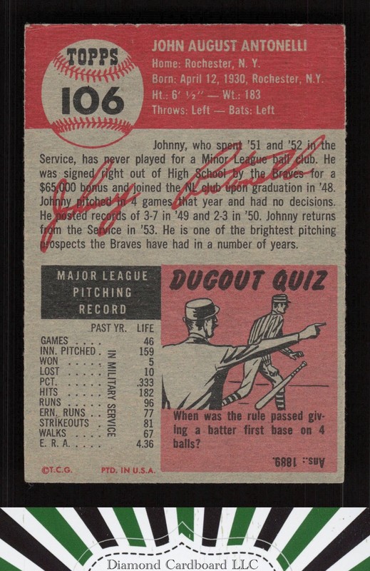1953 Topps #106 John Antonelli : Bio uses white text VGEX+ i, back