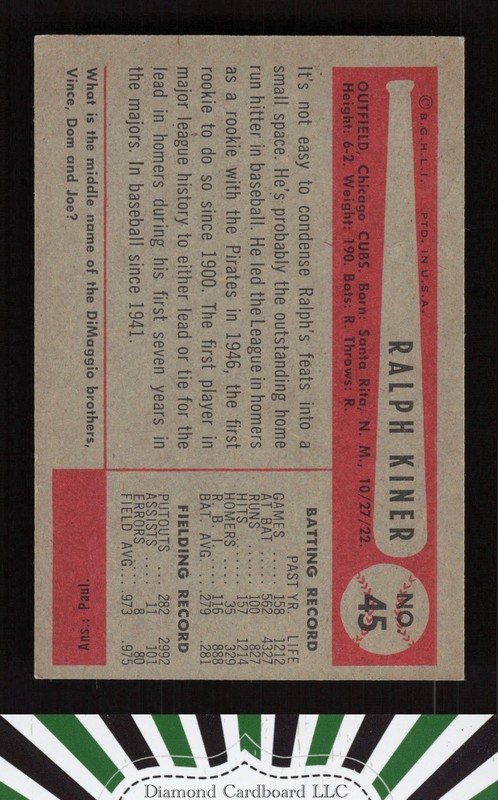 1954 Bowman #45 Ralph Kiner EXMT d, back