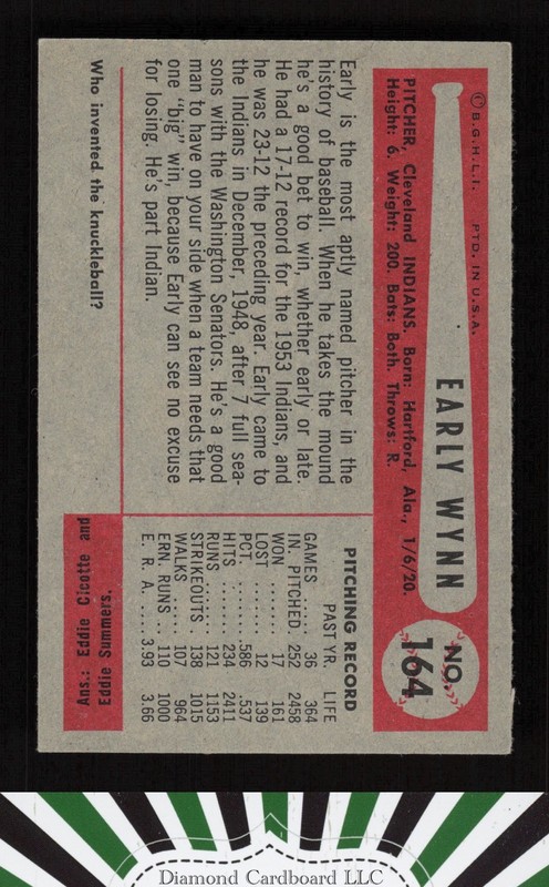 1954 Bowman #164 Early Wynn EX+ c, back