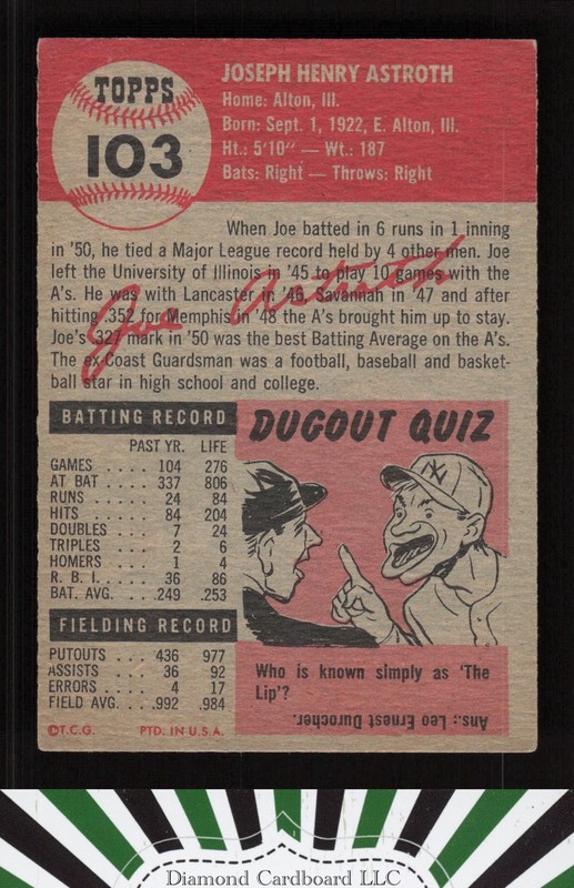 1953 Topps #103 Joe Astroth : Bio uses white text VG b, back