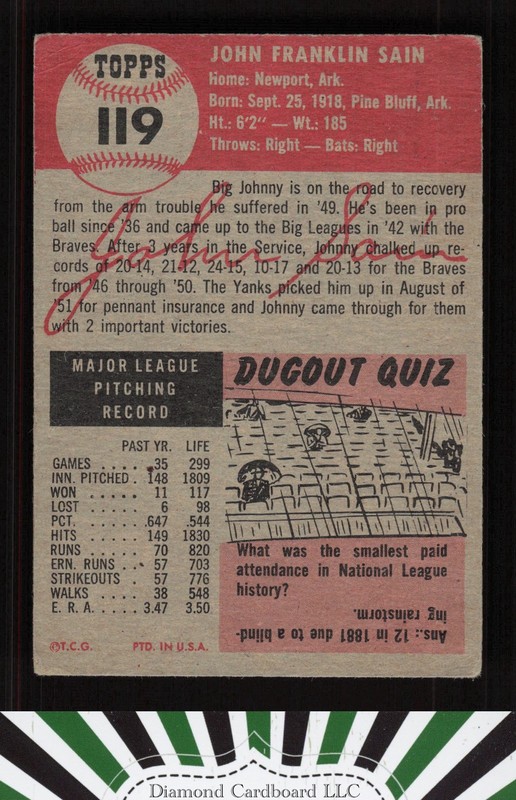 1953 Topps #119 Johnny Sain : Bio uses white text GD+ b, back