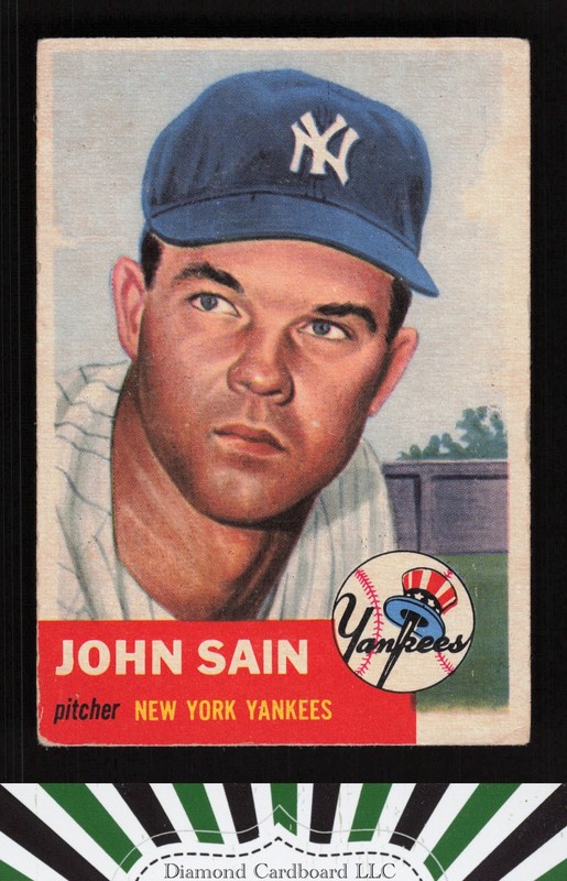 1953 Topps #119 Johnny Sain : Bio uses white text GD+ b, front