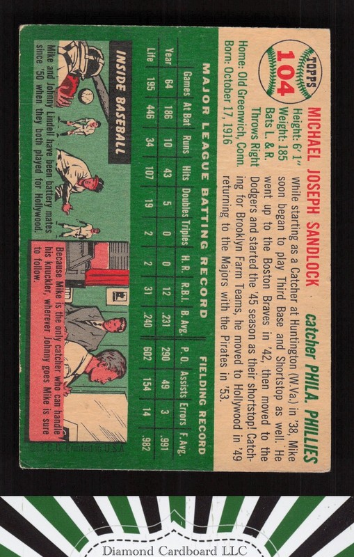 1954 Topps #104 Mike Sandlock VG k, back
