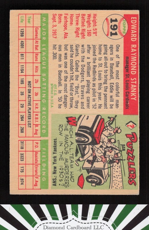 1955 Topps #191 Eddie Stanky EX j, back