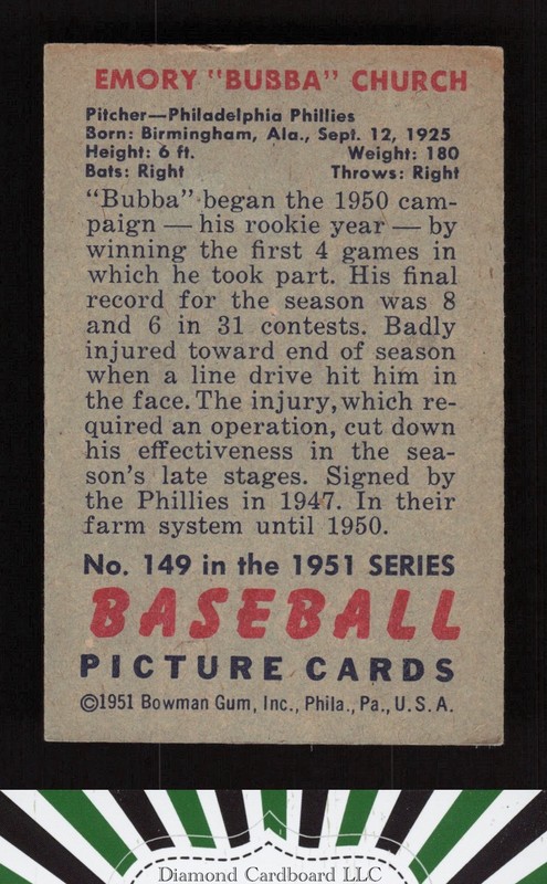 1951 Bowman #149 Bubba Church VG+ [CENTERED], back