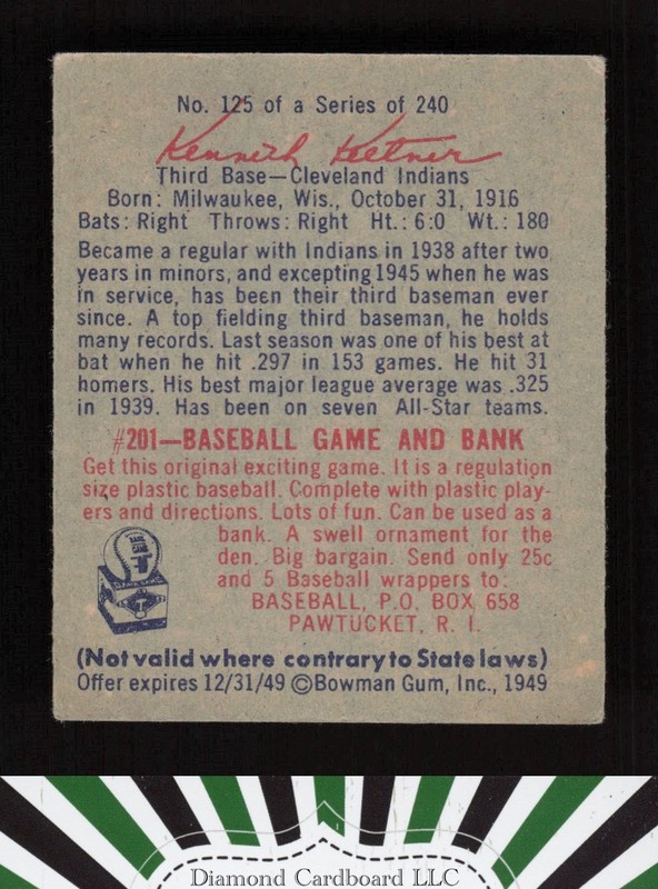 1949 Bowman #125 Ken Keltner VGEX a, back