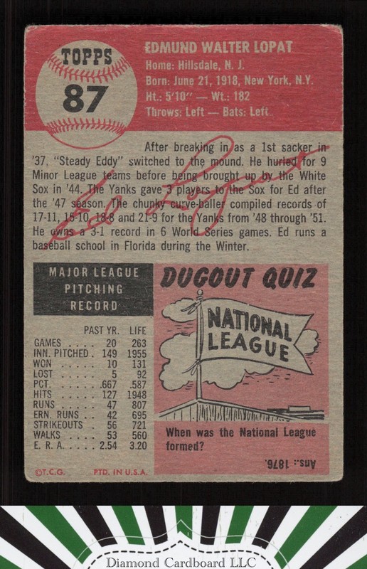 1953 Topps #87 Ed Lopat : Bio uses white text GD d, back