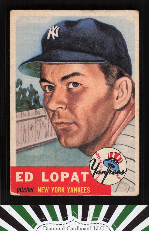 1953 Topps #87 Ed Lopat : Bio uses white text GD d, front