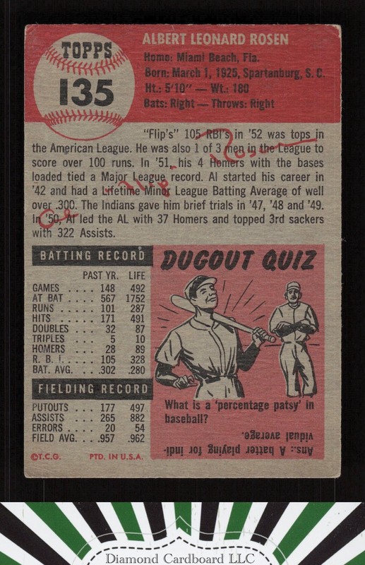 1953 Topps #135 Al Rosen : Bio uses black text GD+ e, back