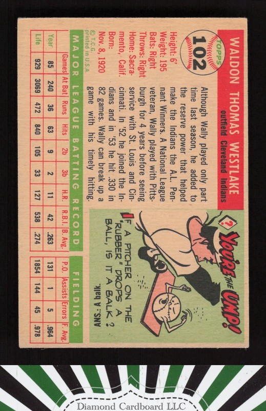 1955 Topps #102 Wally Westlake VG+ k, back