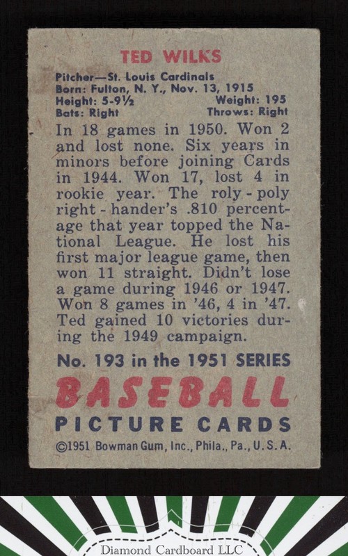 1951 Bowman #193 Ted Wilks VG [CENTERED], back