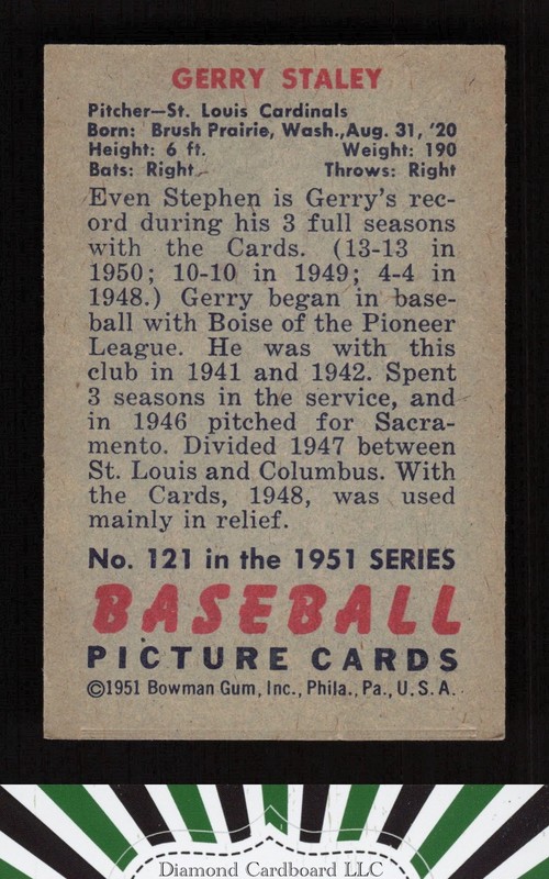 1951 Bowman #121 Gerry Staley VG, back
