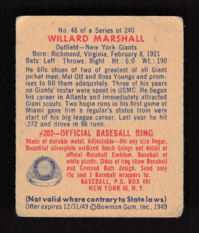 1949 Bowman #48 Willard Marshall GD, back