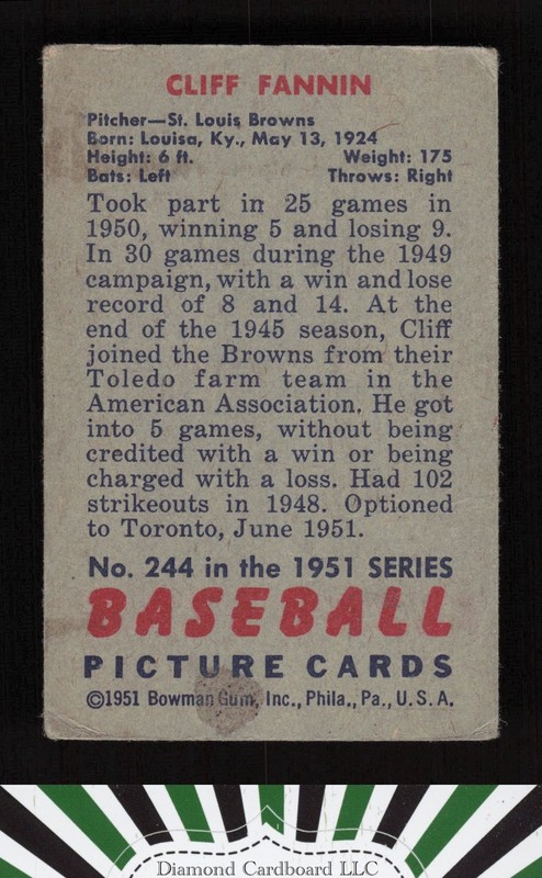 1951 Bowman #244 Cliff Fannin GD, back