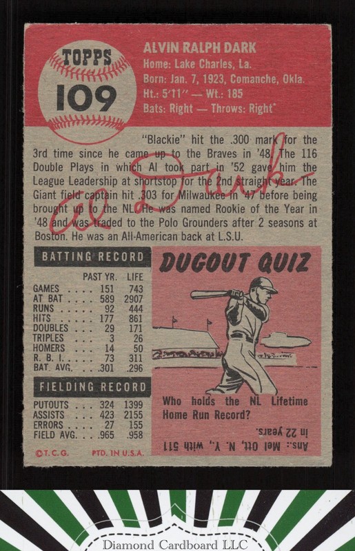 1953 Topps #109 Alvin Dark : Bio uses white text VG+ f, back