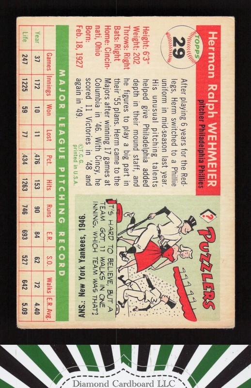 1955 Topps #29 Herman Wehmeier VG+ m, back