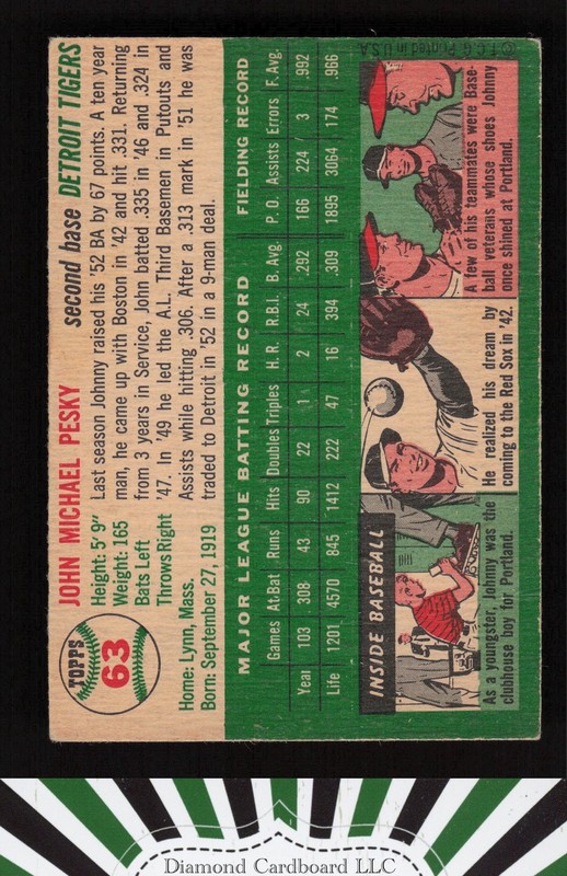 1954 Topps #63 Johnny Pesky GD b, back