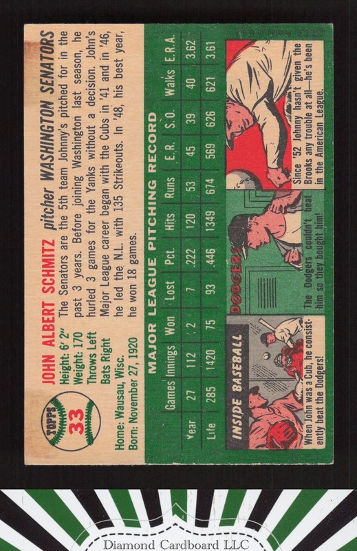 1954 Topps #33 Johnny Schmitz EX (ST) b, back