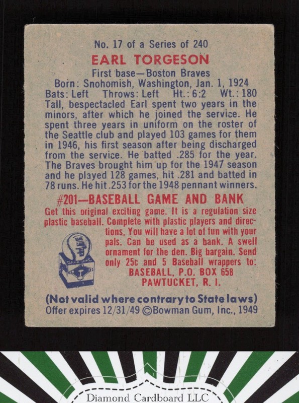 1949 Bowman #17 Earl Torgeson VGEX+ a, back