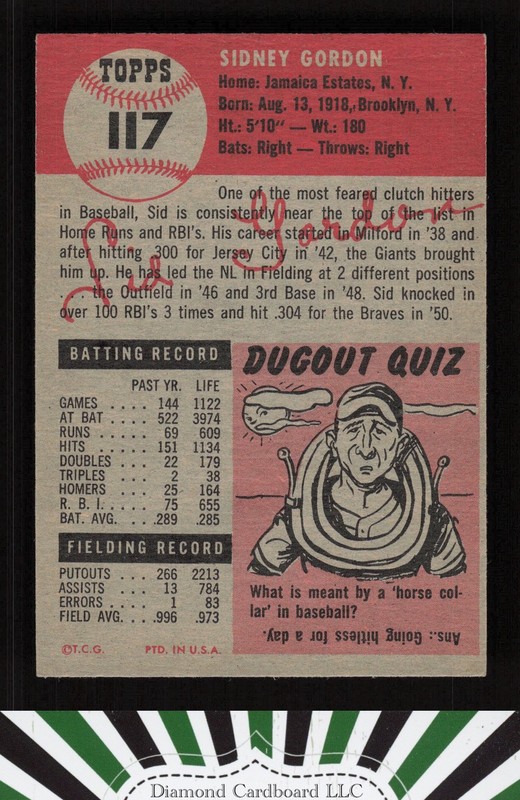 1953 Topps #117 Sid Gordon : Bio uses black text VGEX+ e, back