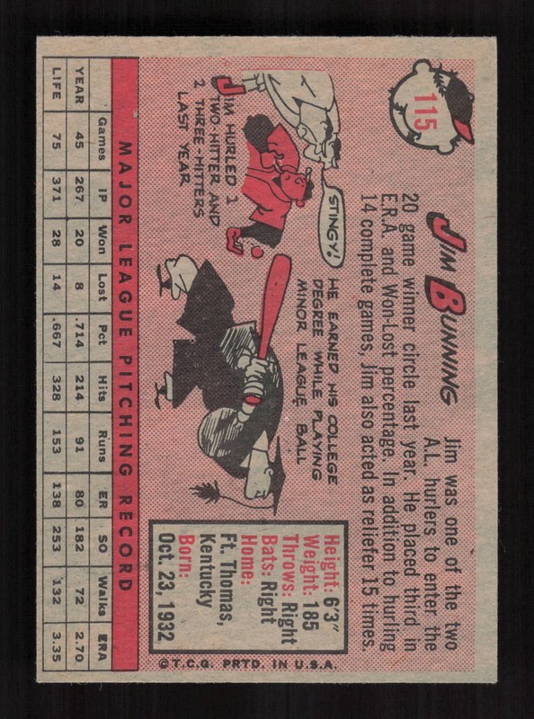 1958 Topps #115 Jim Bunning EX c, back