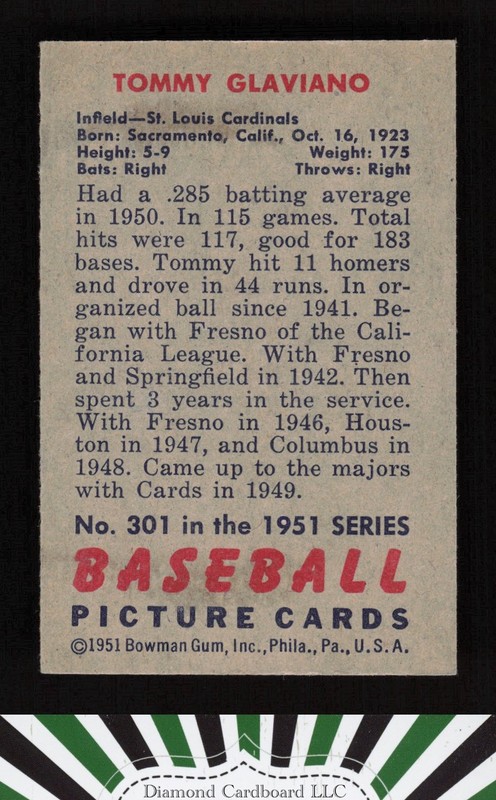 1951 Bowman #301 Tommy Glaviano EX+, back