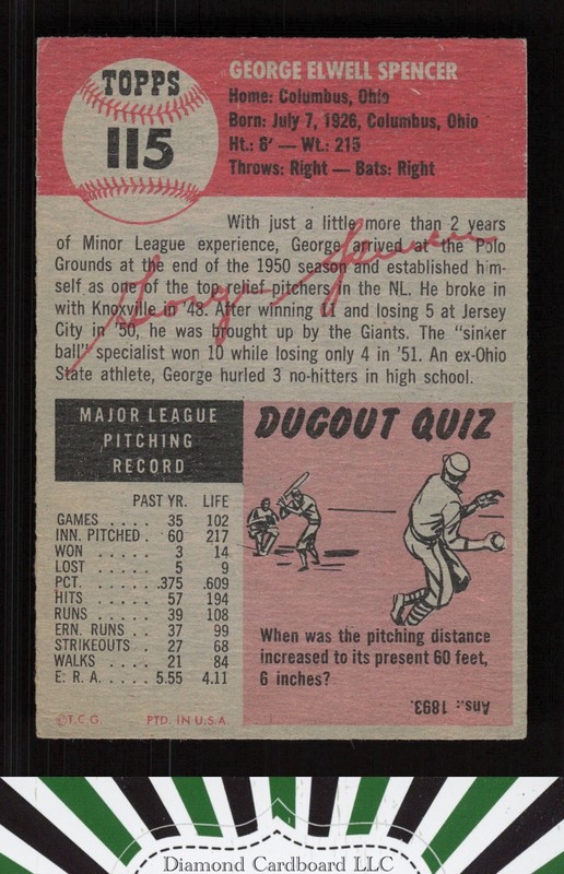 1953 Topps #115 George Spencer : bio uses black text VGEX i, back