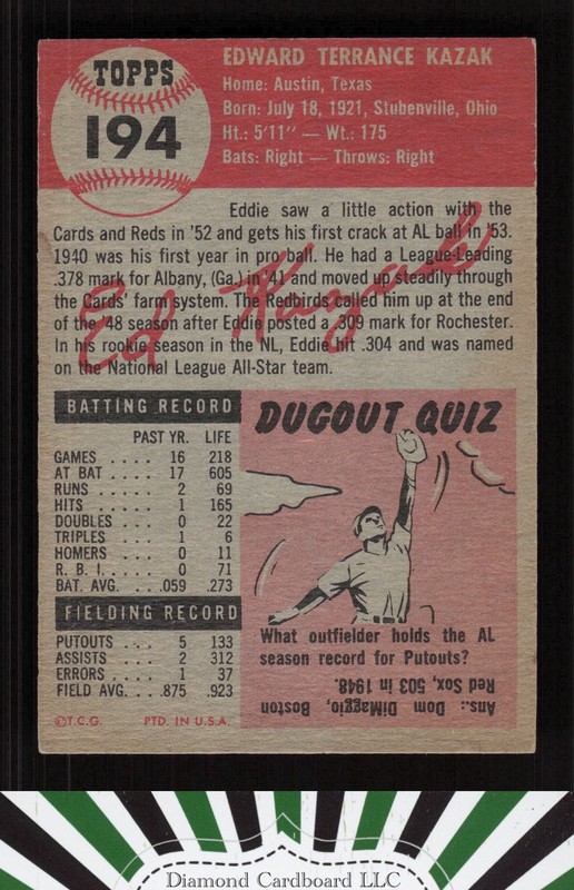 1953 Topps #194 Eddie Kazak EXMT+ h, back