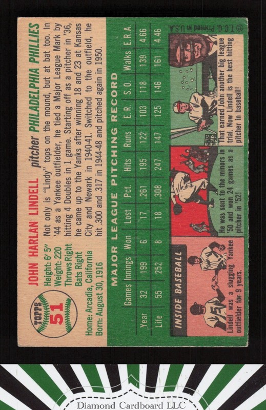 1954 Topps #51 Johnny Lindell VGEX f, back