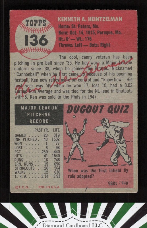 1953 Topps #136 Ken Heintzelman : Bio uses black text VGEX+ h, back