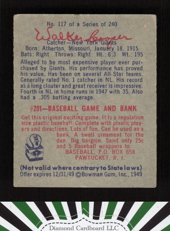 1949 Bowman #117 Walker Cooper VGEX a, back