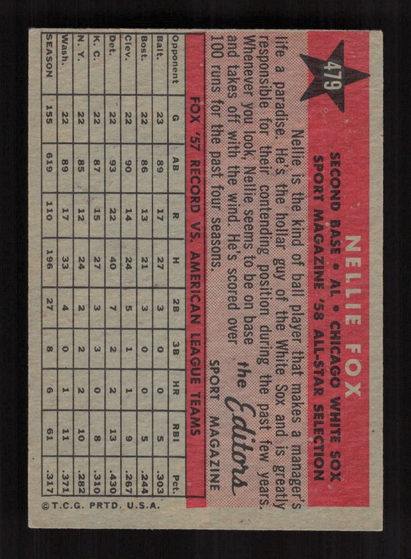 1958 Topps #479 Nellie Fox VG+ d, back